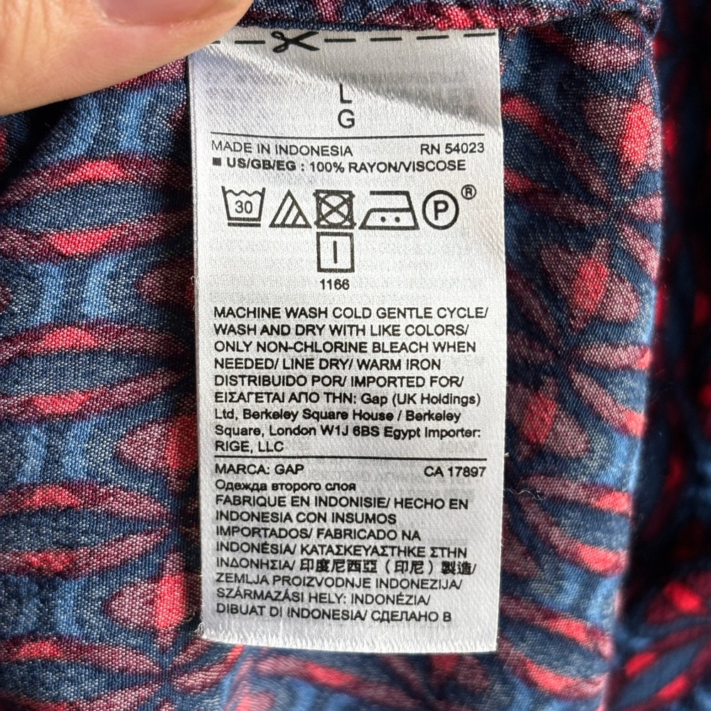 Gap Womens Large Blue Red Geometric Print Long Sleeve Rayon Belted Shirt Dress - Picture 6 of 6